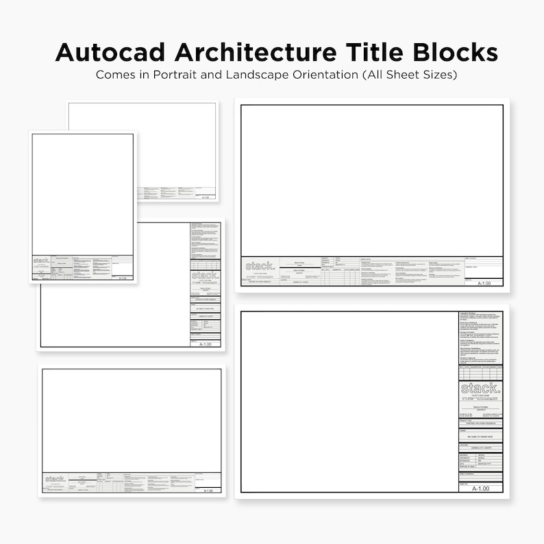 Pu&ograve; includere: Diversi blocchi titolo di architettura AutoCAD bianchi in orientamento verticale e orizzontale. Ogni blocco ha un bordo nero e una sezione per le informazioni. Il testo "Autocad Architecture Title Blocks" &egrave; in alto.