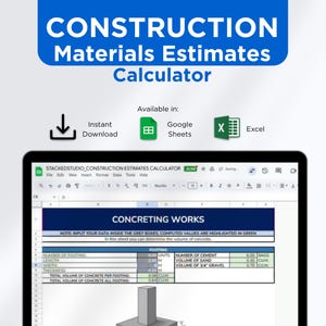 Può includere: Un calcolatore digitale per la stima dei materiali da costruzione. Lo striscione blu in alto recita "CONSTRUCTION Materials Estimates Calculator". Disponibile per il download immediato, Google Sheets ed Excel. Il foglio di calcolo mostra "CONCRETING WORKS".