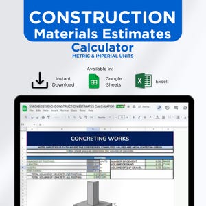 Construction Materials Estimates Calculator – Metric and Imperial | Google Sheets & Excel | Materials Take-off