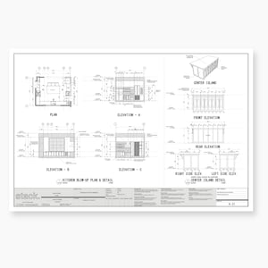 Pu&ograve; includere: Progetto architettonico dettagliato di un design per cucina, con viste in pianta e in prospetto. Il disegno include un'isola centrale, prospetti A, B e C, e una sezione di piano e dettaglio. Il documento &egrave; etichettato "stack." e include il testo "A-01".