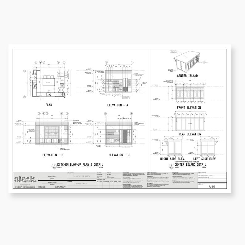 Pu&ograve; includere: Progetto architettonico dettagliato di un design per cucina, con viste in pianta e in prospetto. Il disegno include un'isola centrale, prospetti A, B e C, e una sezione di piano e dettaglio. Il documento &egrave; etichettato "stack." e include il testo "A-01".