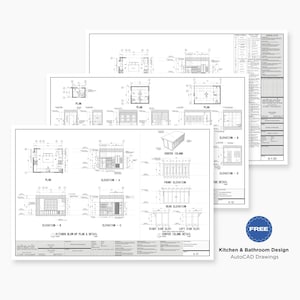 Pu&ograve; includere: Un insieme di progetti architettonici per la progettazione di cucine e bagni. I disegni sono in bianco e nero, con piani dettagliati, prospetti e specifiche tecniche. Il testo recita "Kitchen & Bathroom Design AutoCAD Drawings".