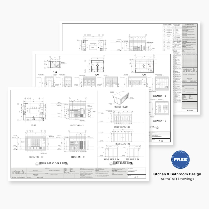 Pu&ograve; includere: Un insieme di progetti architettonici per la progettazione di cucine e bagni. I disegni sono in bianco e nero, con piani dettagliati, prospetti e specifiche tecniche. Il testo recita "Kitchen & Bathroom Design AutoCAD Drawings".