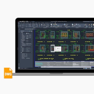 Pu&ograve; includere: Un laptop che mostra planimetrie architettoniche con prospetti e dettagli. Lo schermo mostra un'interfaccia di programma CAD con un disegno dettagliato di un edificio. Un'icona di file DWG &egrave; visibile.