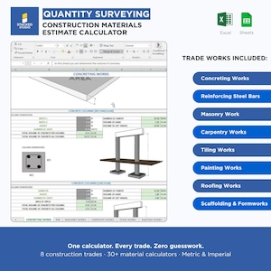 Pode incluir: Uma calculadora digital de estimativa de materiais de construção com o texto "Quantity Surveying Construction Materials Estimate Calculator". A imagem mostra uma folha de cálculo Excel com diagramas e cálculos para vários ofícios da construção.
