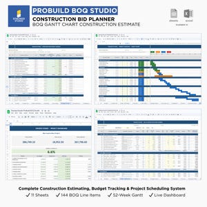 Könnte beinhalten: Ein digitaler Bauausschreibungsplaner mit mehreren Tabellen. Der obere Teil des Bildes enthält den Text "PROBUILD BOQ STUDIO CONSTRUCTION BID PLANNER". Der untere Teil des Bildes enthält den Text "Complete Construction Estimating, Budget Tracking & Project Scheduling System".