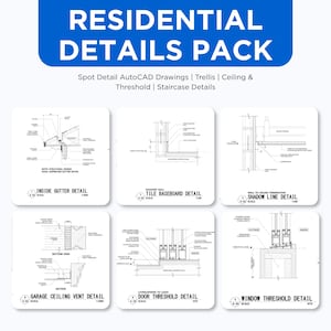 Może przedstawiać: Pakiet rysunków architektonicznych oznaczony jako "RESIDENTIAL DETAILS PACK". Rysunki zawierają szczegóły dotyczące rynien, listew przypodłogowych, otworów wentylacyjnych w suficie, progów drzwi i okien oraz linii cieni. Rysunki są czarno-białe.