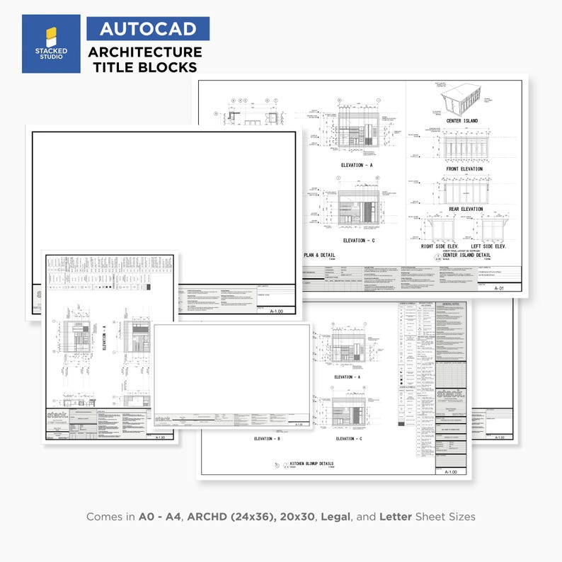 Pu&ograve; includere: Una collezione di progetti architettonici con disegni tecnici e diagrammi dettagliati. I progetti includono prospetti, dettagli planimetrici e blocchi titolo. L'immagine include anche il testo "AUTOCAD ARCHITECTURE TITLE BLOCKS" e "STACKED STUDIO".