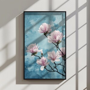 Soft Pink Magnolia Branch Muted Watercolor Digital Wall Art Print for Home Decor, Gift for Nature Lovers