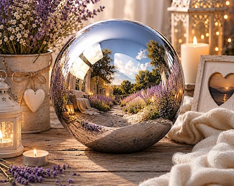 May include: A reflective, spherical glass ball sits on a wooden surface, reflecting a garden path lined with lavender. The scene includes a white house, trees, and a blue sky. Lavender flowers and candles surround the ball, creating a serene atmosphere.