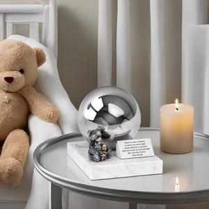 Artistic Child Urn: Stainless Steel Sphere, Teddy Bear, Personalized Plaque