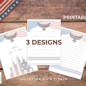 Papel para escribir cartas patrióticas de EE. UU.: set de papelería imprimible para veteranos, papá, Día del Padre, 4 de julio, 3 diseños