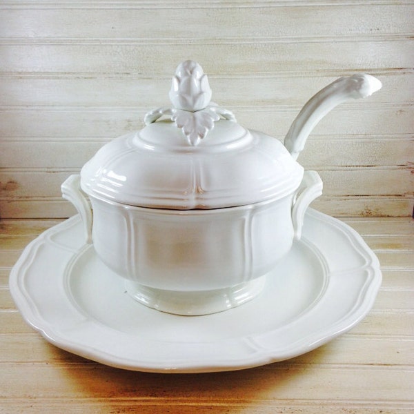 Vintage Covered Soup Tureen with Ladle and Underplate