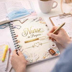 Könnte beinhalten: Ein cremefarbenes Spiralnotizbuch mit dem goldenen Schriftzug "Nurse in Progress". Das Notizbuch zeigt medizinische Illustrationen und eine Ladebalken-Grafik. Eine Person hält einen goldenen Stift über dem Notizbuch.