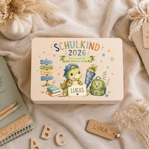Erinnerungskiste Einschulung 2026 | Holzkiste mit Deckel | Dino Geschenk zum Schulanfang | Erinnerungsbox Schule Einschulung Schulanfang