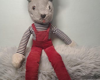Vintage 1980s Long Leg Bunny Plush, 17" Gray Stuffed Rabbit Toy in Red Corduroy Overalls and Striped Shirt, Retro Nursery Decor