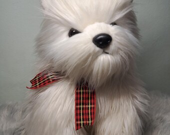 Vintage 2001 Ty Classic MacDougal Westie Plush | White Highland Terrier Soft Toy with Plaid Ribbon | Collectible Stuffed Animal
