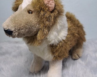 Vintage Realistic Collie Plush Dog, 12" Long Shaggy Brown and White Stuffed Animal, Long Haired Lassie Dog Toy, Small Collectible Plushie