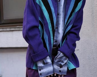 Giacca vintage Bob Mackie Wearable Art da donna taglia XL, in pelle, maglia, viola e blu, con cerniera.