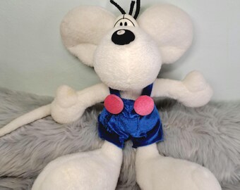 Peluche vintage Diddl Mouse 33 cm, jouet de dessin animé des années 90, salopette bleue, peluche allemande de collection.