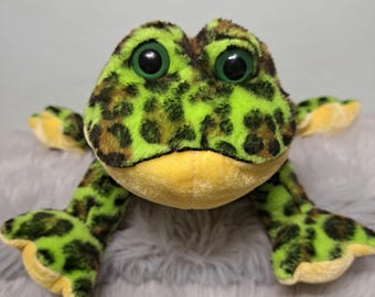 Vintage Ganz Webkinz Bullfrog Plush HM114, 2000s Y2K Collectible Spotted Green Frog Stuffed Animal, No Code, Retired Webkinz Toy