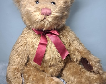Vintage Russ Berrie Gregory Teddy Bear by Carol-Lynn Rössel Waugh 15" Plush Jointed Stuffed Animal with Maroon Satin Ribbon, Collectible Toy