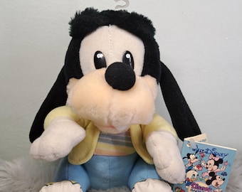 Peluche Bébé Goofy Disney Babies vintage 1987 – Hasbro Corée – Erreur d'étiquette d'usine rare – Étiquette Disney originale