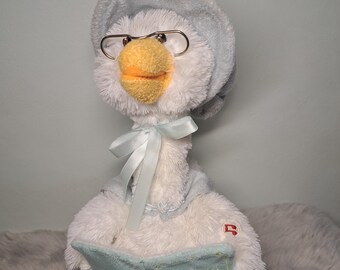Vintage Cuddle Barn Mother Goose Animated Storytelling Plush Toy, Talking Musical Goose with Book & Glasses, Nursery Rhyme Toy, 14"