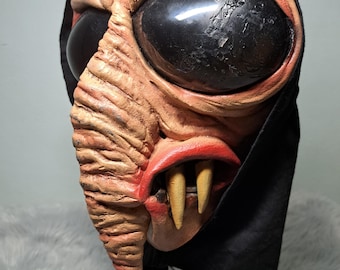 Vintage 2002 Paper Magic Group Halloween Mask - Red Eyed Alien Vampire Ghoul Latex Mask with Hood, Y2K Horror Collectible