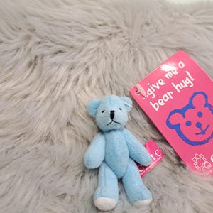 May include: A small light blue plush bear with white paw pads, black stitched eyes and nose, accompanied by a bright pink rectangular tag featuring a blue bear illustration and the printed text "...give me a bear hug!".