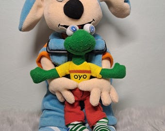 Rare Vintage Berchet Plush Toy Nax and Oyo Dog & Frog 1990s French Stuffed Animal Collectible, Excellent Retro Condition