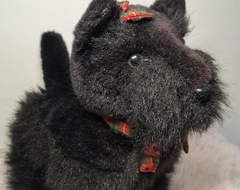 Vintage Black Scottie Dog Plush 12" • Scottish Terrier Stuffed Animal with Tartan Bow • Collectible Cozy Dog Toy • Scottish Heritage Gift