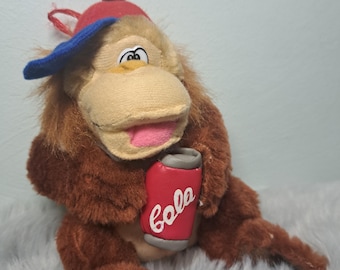 RARE Vintage Monkey Plush Holding Cola Can (not pepsi), Clown Toys Germany 90s, Collectible Orangutan Gorilla Soft Toy with Cap 6.7"