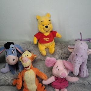 Vintage Disney Store Winnie the Pooh Plush Lot of 5, Tigger, Eeyore, Piglet & Rare Lumpy Heffalump 7" Beanie, Hundred Acre Wood Collection