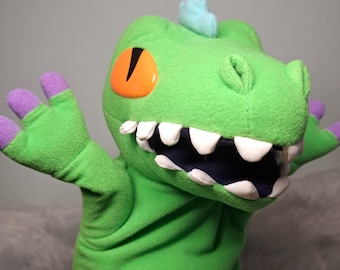 Marioneta de mano de peluche de Reptar de Rugrats, estilo vintage de 1998, 23 cm (9") | Juguete de dibujos animados de Nickelodeon Viacom de los 90 | Marioneta de dinosaurio verde retro