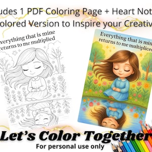 Manifestation Coloring Page + Colored Version | Everything That is Mine Returns to Me Multiplied | PDF Digital Download | Blythe Doll