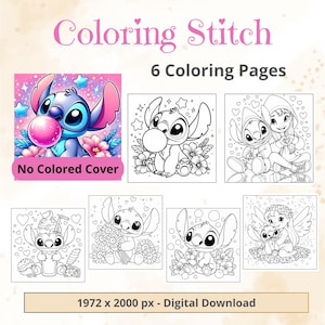 May include: Digital download of six coloring pages featuring Stitch. The cover art shows a colorful Stitch blowing a bubble. The other pages are black and white line drawings of Stitch in various poses. The text reads "Coloring Stitch" and "6 Coloring Pages".