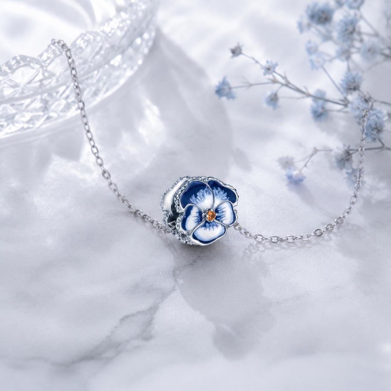 PANDORA ブルーフラワーピアス＆ネックレスセット　シルバー925 Pandora Blue Pansy Necklace - Etsy