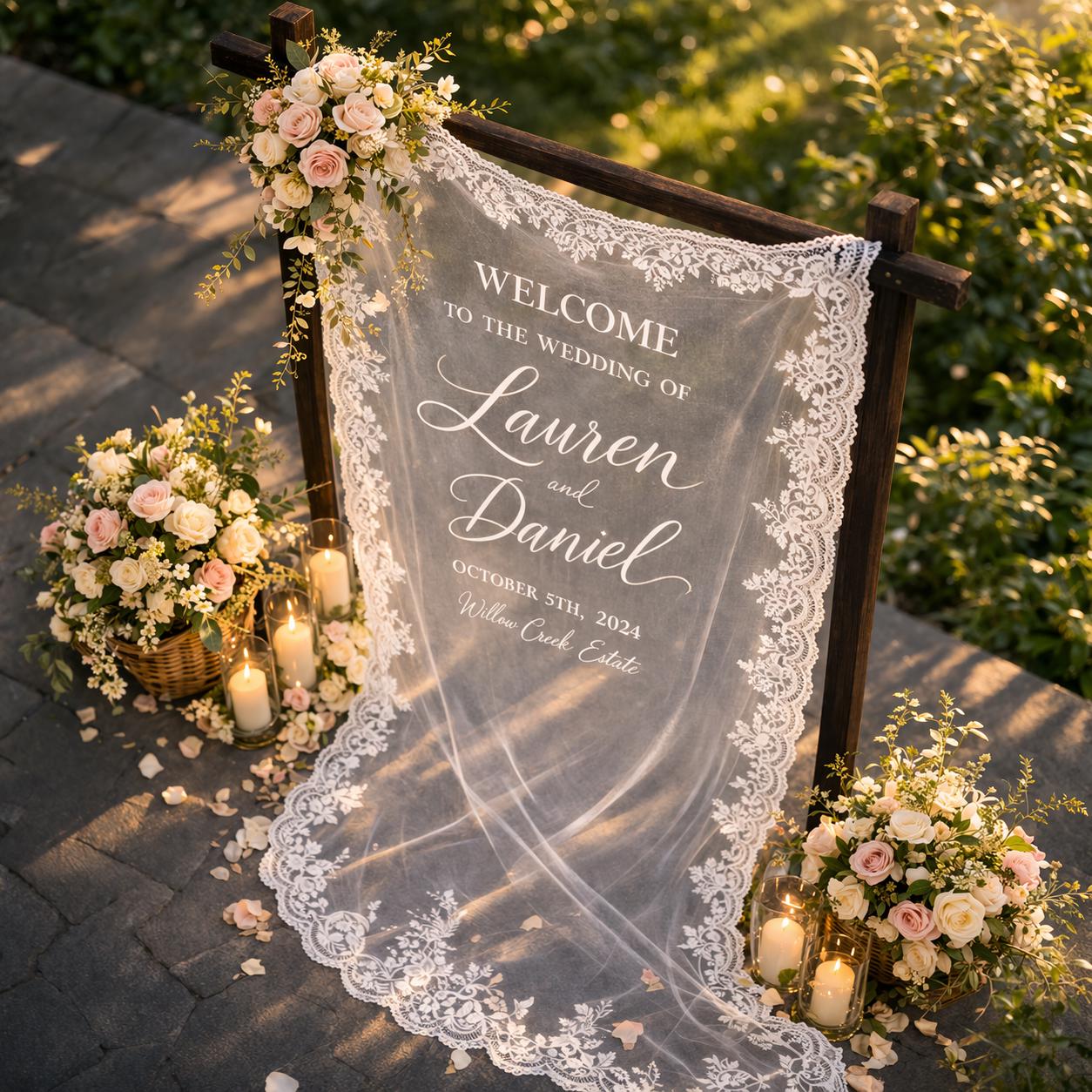 Lace Fabric Wedding Welcome Sign