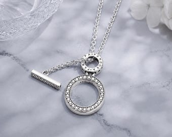 Collar Pandora de doble aro con barra en T, plata 925, joyería minimalista, regalo de aniversario, regalo de compromiso.