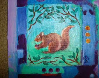 Squirrel w/Nut in Nature - Original Painting Folk Art