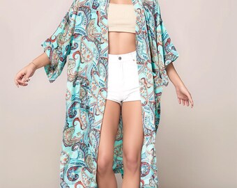 Boho Long Kimono – Printed Polyester Duster Robe, Beach Cover-Up