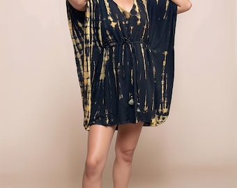 Hand-Dyed Rayon Kaftan Mini Dress | Boho Beach Cover Up