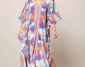 Tropical Print Kimono Kaftan – Lightweight Polyester Beach Cover-Up