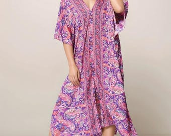 Floral Print Kaftan Dress – Lightweight Polyester, Free-Size Loungewear