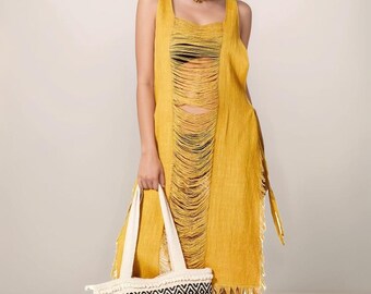 Boho Shredded Cotton Kimono – Handmade Fringe Cover-Up, Ethical Fashion