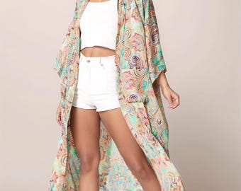 Boho Printed Kimono Robe – Lightweight Polyester Beach Cover-Up