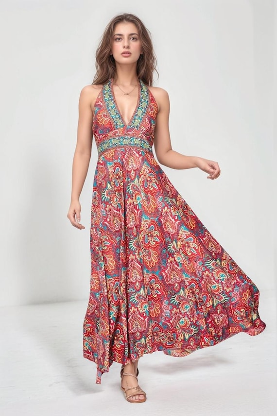 Red Paisley Halter Maxi Dress | Bohemian V-neck Gown - Etsy Red Paisley Halter Maxi Dress | Bohemian V-neck Gown - Etsy