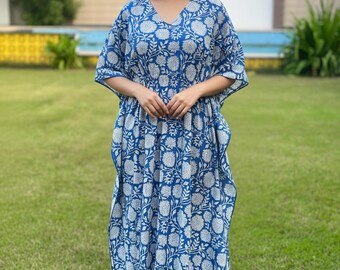 Boho Cotton Kaftan Dress – Blue Floral Print, Free Size Loungewear