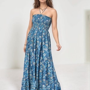 Abito lungo senza spalline con arricciatura floreale / Abito estivo boho a strati